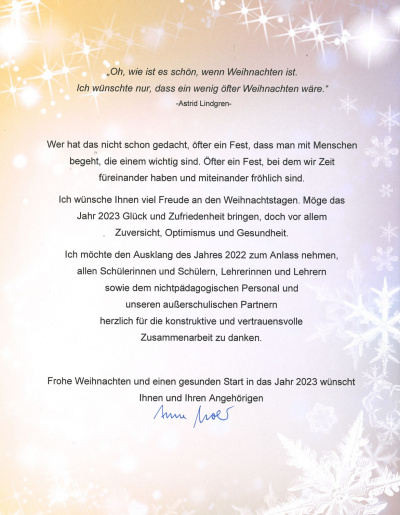 Weihnachtsgrüße der Schulleiterin (A. Mohr, Dezember 2022)
