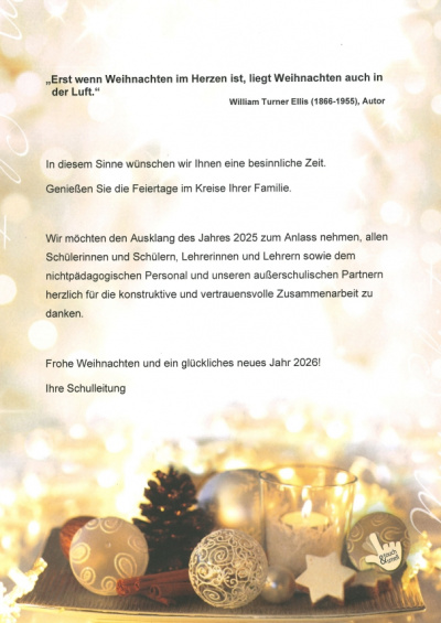 Weihnachtsbrief 2025 (Schulleitung, Dezember 2025)